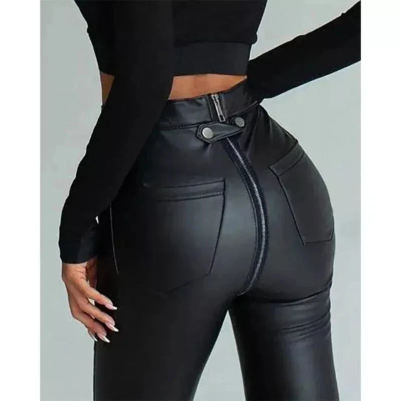 Mujeres Sexy Negro Mate Cuero Pantalones Completos Damas Punk Pantalones Fiesta Pantalones Foto 1 de 4