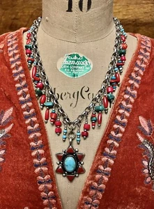 Tibetan turquoise & red coral Nepalese pendant with turquoise & Coral Rolo Chain - Picture 1 of 15