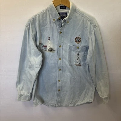 Vintage Real Good Denim All Sport Mens Light Blue Button-Up M Light House - Image 1 of 4