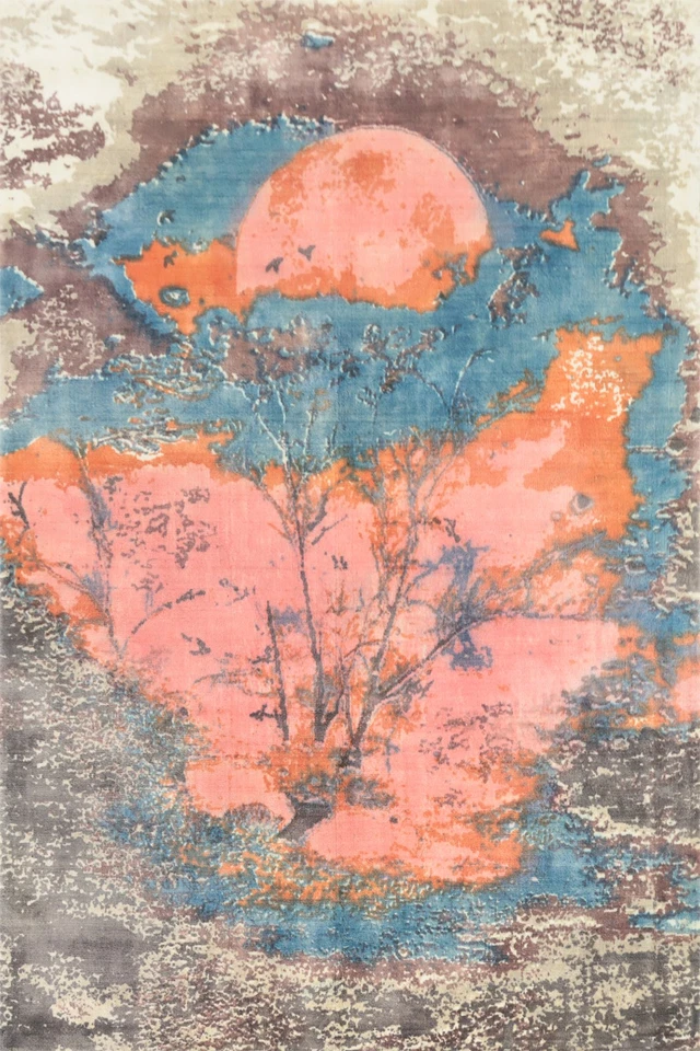 Alfombra inspirada en la naturaleza 5x7 hecha a mano infundida con diseño artístico de puesta de sol Foto 1 de 4