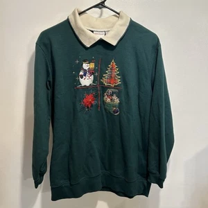 Vintage Bobbie Brooks Green Christmas Embroidered Long Sleeve Polo Sweater - Picture 1 of 3