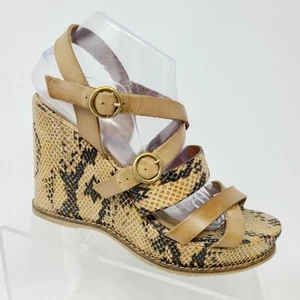 Andre Assous Spain Leather Stappy Sandal Snake Print Brown Tan Wedges Size 10 - Picture 1 of 7