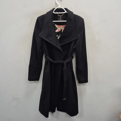 Ted Baker Nevia черный кашемир шерсти надежном подпоясанный Midi длины пальто размер 3 Великобритании 12 - Изображение 1 из 4