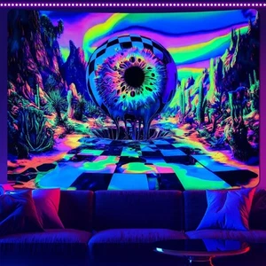 Blacklight UV Reactive Tapestry Trippy Neon Wall Hanging Glow in Dark Art Decors - Picture 1 of 7