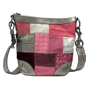 Auth COACH Holiday Patchwork Medium Duffel Multicolor F12863 Pink Dark Gray - - Picture 1 of 9