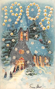 1908 Hold to Light People Entering Church New Year Greeting post card - Picture 1 of 2