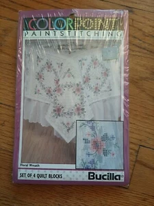 Vintage Bucilla Colorpoint Paint Stitching Floral Wreath #63630  4 Quilt Blocks  - Picture 1 of 2