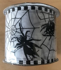 Halloween Spider Web Wire Edged Ribbon Black White  9 ft. - Picture 1 of 2
