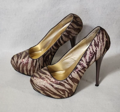 Charlotte Russe Platform Stiletto Heels Brown & Gold Animal Print Size 8 - EUC - Image 1 of 4