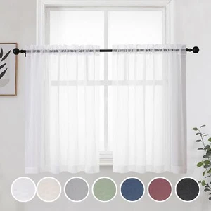 Short White Sheer Curtains 36 Inches 2 Panels Set - Kitchen Tiers Valances - Picture 1 of 7