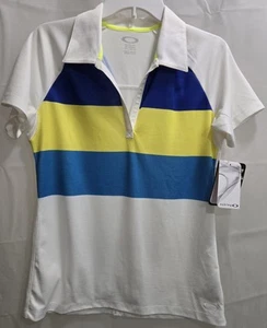 Polo donna Oakley Class Acr bianca/gialla/blu nuova con etichette taglia media vendita al dettaglio $64 - Foto 1 di 11