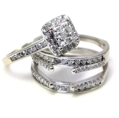 14K White Gold Quad Princess Cut Diamond Engagement Ring Wedding Guard Set FZZ - Image 1 of 4