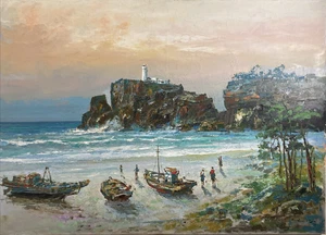 Pintura al óleo original vintage paisaje marino barco océano faro playa puesta de sol firmada - Imagen 1 de 15