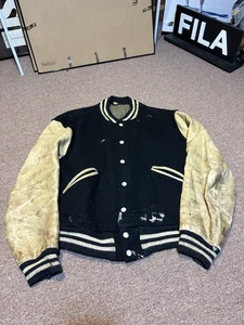 Giacca Letterman Vintage anni 70 Traforata Picchiata Pelle Braccia Vuota - Foto 1 di 15