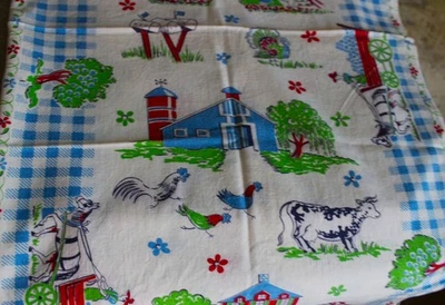 Vintage Feedsack Cotton Fabric 36" x 1 & 1/3 Yards Farm Scene Cows Barns Chicken - Image 1 of 4