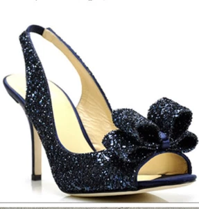 Kate Spade"Charm" Blue Glitter Slingback Bow Peep Toe Pumps Heels Size 9 - Picture 1 of 5