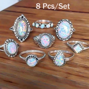 8PCS/Set Vintage 925 Silver Ring Fire Opal Gemstone Engagement Wedding Party  - Picture 1 of 9