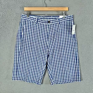 Brooks Brothers shorts Mens 32 Blue White Gingham plaid Flat front Chinos 11" L - Picture 1 of 17
