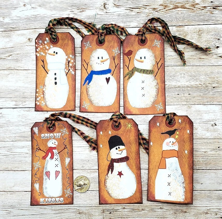 6-Christmas-Primitive-Farmhouse-Frosty-Snowman-Linen Cardstock-Gift-Tags - Image 1 of 1