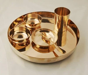 Traditional Bronze Dinner Thali Set of Plate, Bowl, Spoon, Glass, Pack of  6 Pcs - Picture 1 of 2