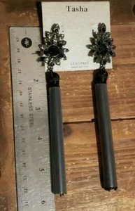 Tasha Beaded Post Tassel Drop Earrings -Black 5 1/2" drop  - Picture 1 of 4