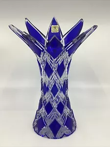 Caesar Kristall signiert Krajicek Harlekin Vase Kobaltblau geschnitten zu klarem Overlay - Bild 1 von 8