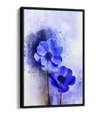 BLUE PURPLE FLOWER ART ILLUSTRATIONS HOME FLOAT EFFECT CANVAS WALL ART PRINT - image 1 of 4