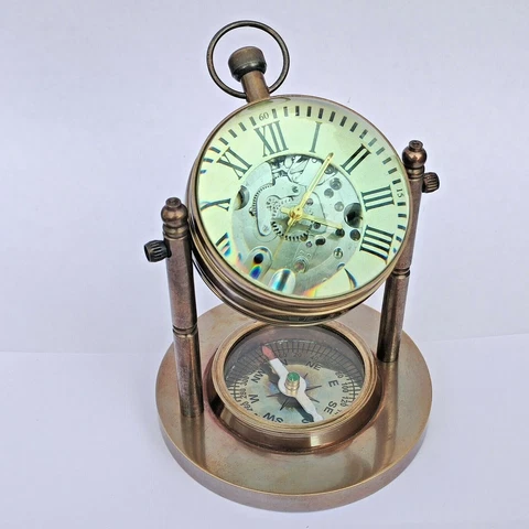 Antique Brass Desk Clock Marine Compass Mechanical Table top Decorative Cover