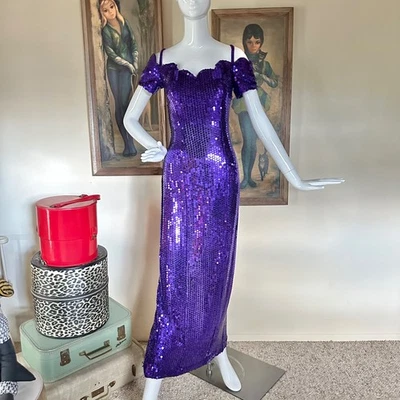 VTG 80s Zum Zum Metallic Purple Sequined Off-Shoulder Cocktail Prom Dress S/M - Image 1 of 4