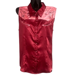 Twenty X Woman’s Sleeveless Western Embroidered Satin Pink & Red Snap Button Blo - Picture 1 of 8