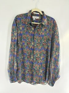 Perry Ellis Portfolio 100% Silk Long Sleeve Button Shirt Men's Abstract Shirt LG - Imagen 1 de 6