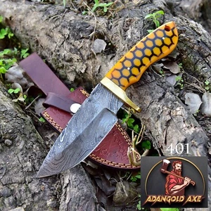 CUSTOM HAND FORGED DAMASCUS STEEL HUNTING KNIFE RESIN & BRASS GUARD HANDLE 401 - Picture 1 of 5