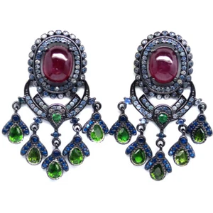 925 Silver 7x9 MM. Red Ruby, Chrome Diopside, Sapphire & Cubic Zirconia Earrings - Picture 1 of 4