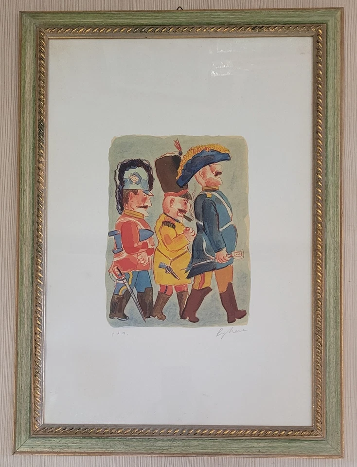 Franz Borghese  Litografia a colori  Tre militari - Immagine 1 di 1