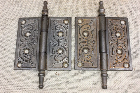 2 Old Door Hinges 4 X 4" Antique Steeple Top Cleaned Vintage Cast Iron Feather Cover
