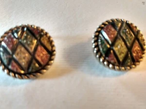 vtg Sarah Coventry EARRINGS gold tone ,with patchwork 1960s 1970s Hippie Peasant - Picture 1 of 3