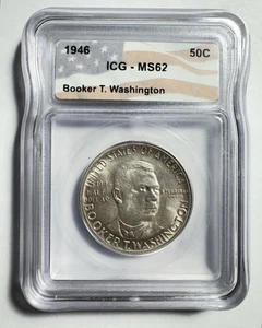 Medio dólar de plata de la Casa de la Moneda de Estados Unidos 1946, Booker T Washington conmemorativo ICG MS62 - Imagen 1 de 2