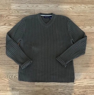 Vintage Y2K Men's Structure Sweater V-Neck 100% Cotton Olive Green L - Image 1 of 4