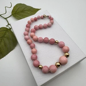 Collana Vintage Oro Pieno Rosa Vetro Marmorizzato Annodato A Mano Perline Graduate 15" - Foto 1 di 9