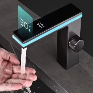 Black Smart LED Temperature Digital Display Bathroom Sink Faucet Single Hole Tap - Picture 1 of 8