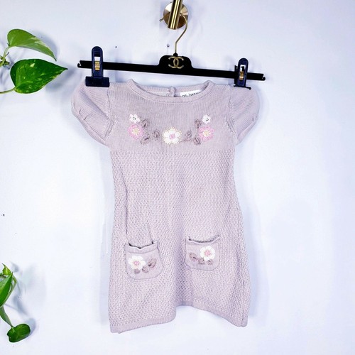 OFF WHITE Abito lavorato a maglia lana grossa bambina 1T 2T CC BATES bianco sporco ricamato floreale