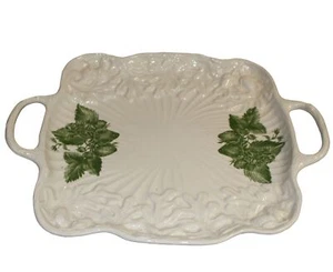 Green Strawberry Vines Square Tray w/Handles Embossed Acorns & Leaves Portugal - Picture 1 of 6