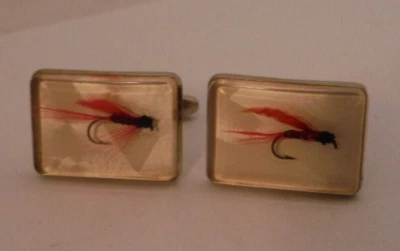 Vintage Hickok US Lucite Acrylic Cufflinks Fly Fishing Red Nymph Gold Tone NICE - Image 1 of 4