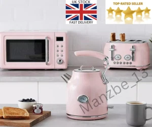 Retro Pink Kitchen Set Digital Microwave 3KW Rapid Boil Kettle & 4 Slot Toaster - Picture 1 of 9