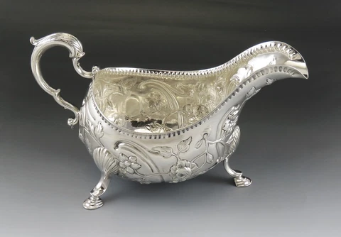 Antique c1760 Irish Sterling Silver Hand Chased Gravy/Sauce Boat 9" Cover