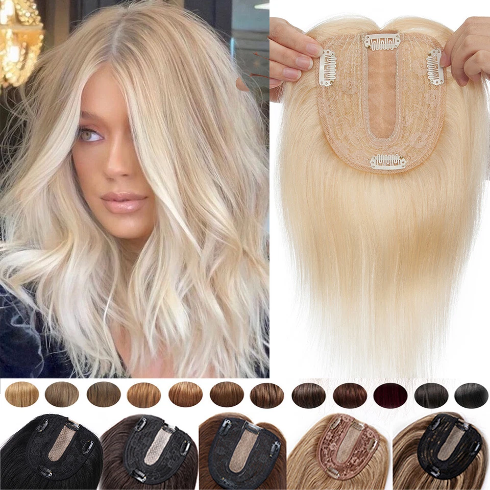 100% Remy Human Hair Topper Toupee Clip In Women Hairpiece Silk Base For Wiglets - Image 1 of 4