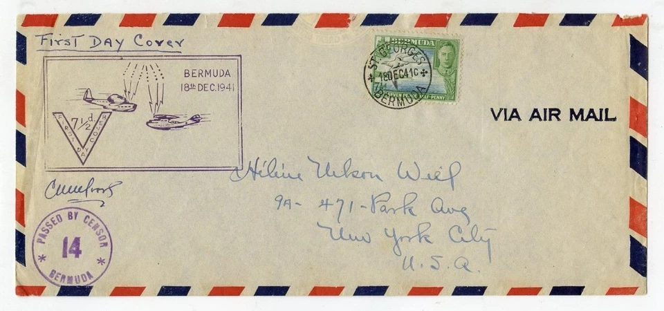 Bermuda 1941, Violet Censor 14. First Day Cover 71/2d to New York with Cachet - Image 1 of 1
