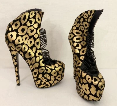 LONDON TRASH Size 8 Leather Black & Gold Stiletto High Heel Platform Exotic - Image 1 of 4