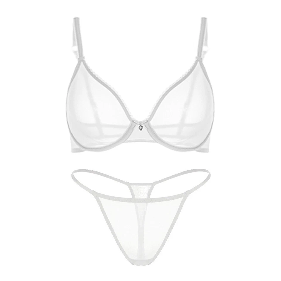 Womens Bra Set See-through Sexy Lingerie Sheer Mesh Unlined Lace Intimate Briefs - Image 1 of 4