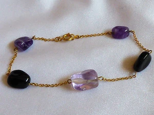 Brazalete de piedras pepita amatista púrpura cadena eslabones tono dorado 8"L - Imagen 1 de 4